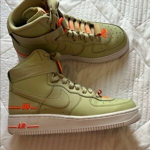 Nike Air Force One olive aura High-Top Sneakers in Green and Orange. basketball